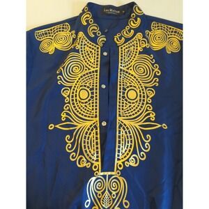 New LUC MATTON Tunic Shirt Men S African DASHIKI Tribal Blue Gold Long Sleeve